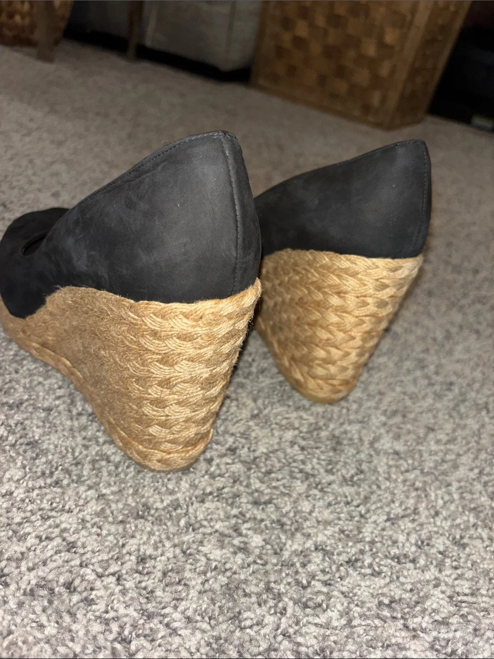 Stuart Weitzman Black Suede Peep-Toe Espadrille Wedges with Natural Jute
